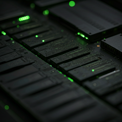 Macro view of server circuit boards tracing neon-green data paths